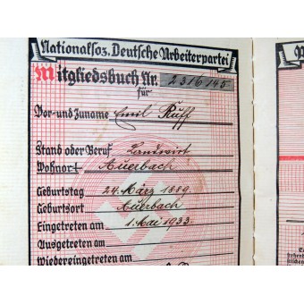N.S.D.A.P: n jäsenkirja, joka annettiin toukokuussa 1936 Emil Rüff -nimellä. Espenlaub militaria