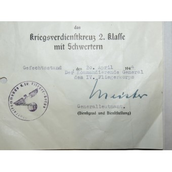 Наградной документ на крест за военные заслуги и повышение в звании. Espenlaub militaria