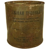 Barattolo di maiale Lend Lease per soldati sovietici con iscrizioni in russo.