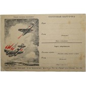 Propagandapostkarte der Roten Armee aus dem Krieg, sowjetisches Flugzeug schießt deutschen Bomber ab