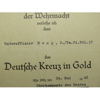 Комплект кавалера немецкого Креста в золоте из 37-го броне-инженерного батальона Meng