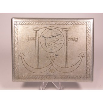 Trench-made aluminum cigarette case from wartimes with a navy motif. Espenlaub militaria