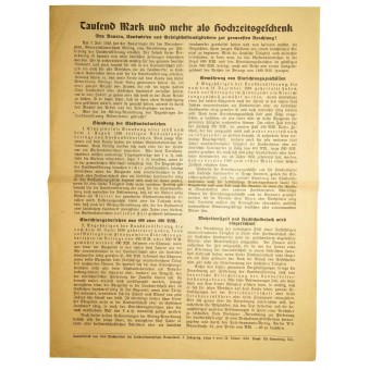 3-й Рейх Плакат-листовка, пропагандирующий свадьбы- 1000 марок и больше, подарок на свадьбу. Espenlaub militaria