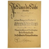 Certificato di gratitudine per il pensionamento, consegnato al Postmeister im Reichsdienst Max Jüling