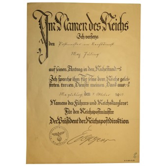 Certificado de reconocimiento de jubilación, dado a Postmeister im Reichsdienst Max Juling. Espenlaub militaria
