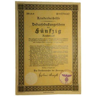 3-rd Reich Kinderbeihilfe- child benefit certificate for 50 RM.. Espenlaub militaria