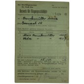Certificaat van het slachtoffer van het bombardement. Derde Rijk.
