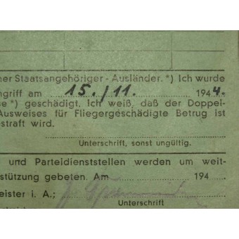 Certificate of the victim of the bombing. Third Reich.. Espenlaub militaria