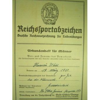 Drl ReichsportAbzeichen, SportBadge -sertifikaatti. Espenlaub militaria