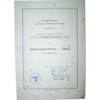 KVK 2 Award-document. Espenlaub militaria