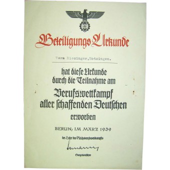 3 Reich Berufswettkampf -sertifikaatti kilpailun voittajalle. Espenlaub militaria