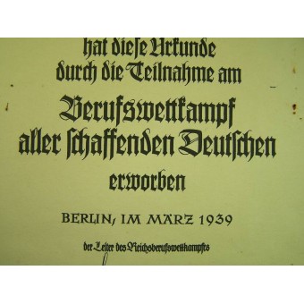 3 Reich Berufswettkampf-certifikat för vinnaren av tävlingen. Espenlaub militaria