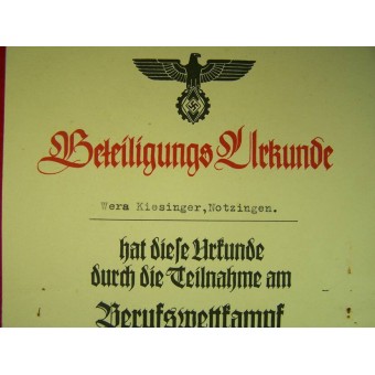 3 Reich Berufswettkampf -sertifikaatti kilpailun voittajalle. Espenlaub militaria