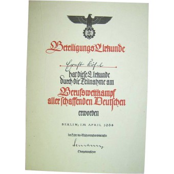 3 Reich-certifikat för vinnaren av tävlingen. Espenlaub militaria