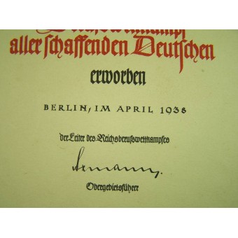 3 Reich certificate for the competition winner. Espenlaub militaria