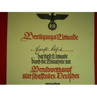 3 Reich certificate for the competition winner. Espenlaub militaria