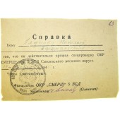 Certificate issued by SMERSH (security military police) to the POW.