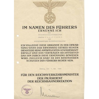 3 Reich -sertifikaatti Professional Grow -yrityksestä, joka on annettu ReichsbahninspectoRanwärterille. Espenlaub militaria