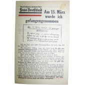 Dépliant soviétique de la Seconde Guerre mondiale pour les soldats allemands - Nationalkomitee Freies Deutschland -Am 15.03 wurde ich gefangengenommen
