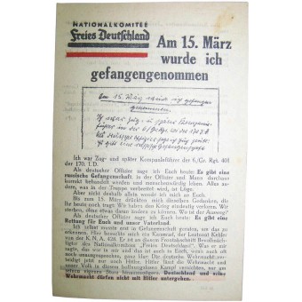 Sovjetiskt flygblad för tyska soldater från andra världskriget-Nationalkomitee Freies Deutschland -Am 15.03 wurde ich gefangengenommen. Espenlaub militaria