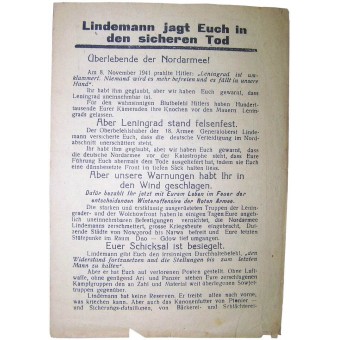 Sovjetiskt flygblad för tyska trupper från andra världskriget - Lindemann jagd Euch in den sicheren Tod. Espenlaub militaria