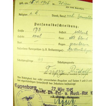 Solbuch utfärdad vid krigsslutet: 27 mars 1945. Espenlaub militaria