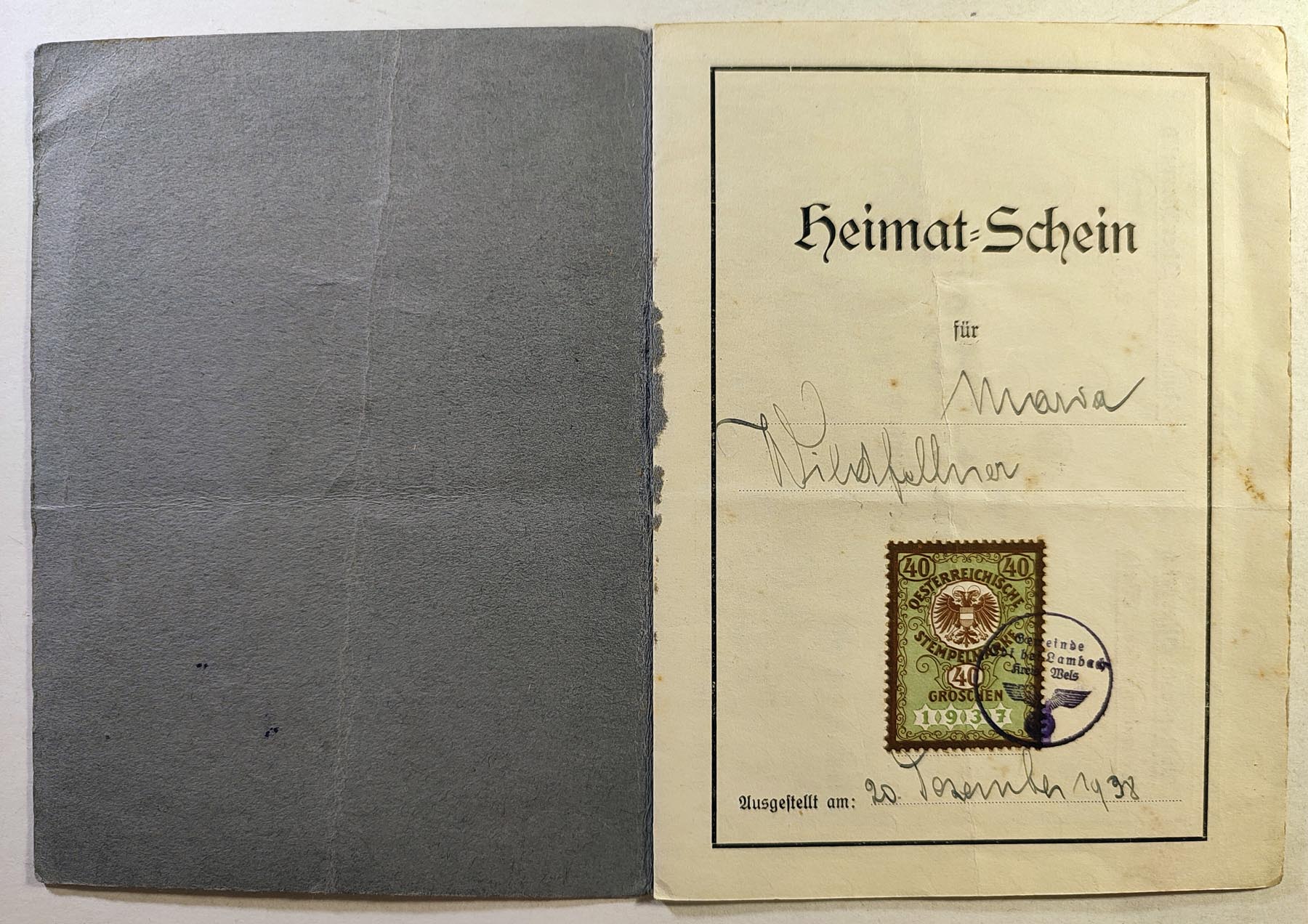 Heimatschein or 'Home certificate' dated 1938