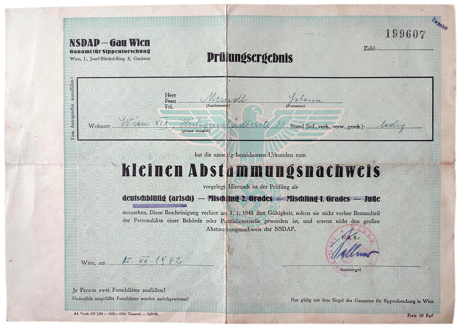 Nazi Germany Aryan certificate from 1942 - Klein Abstammungsnachweis