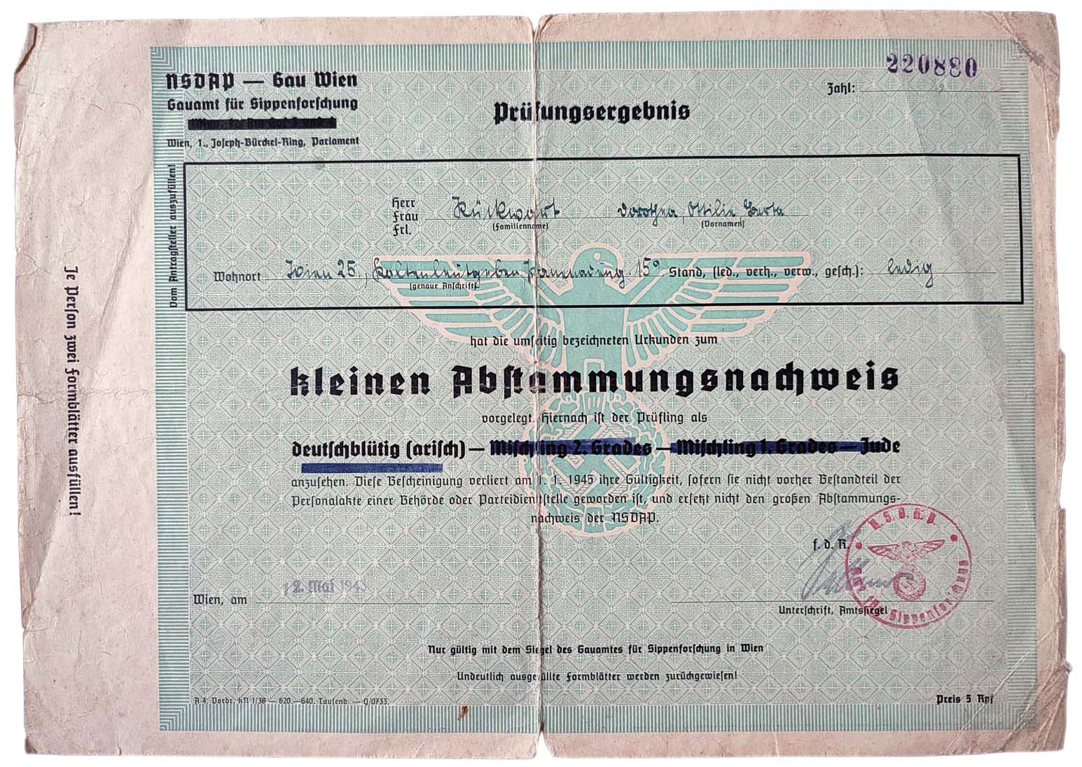 Nazi Germany Aryan certificate from 1943 - Klein Abstammungsnachweis