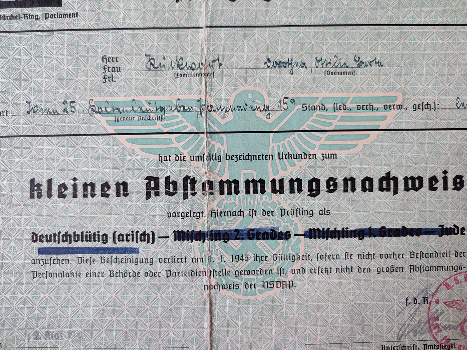 Nazi Germany Aryan certificate from 1943 - Klein Abstammungsnachweis