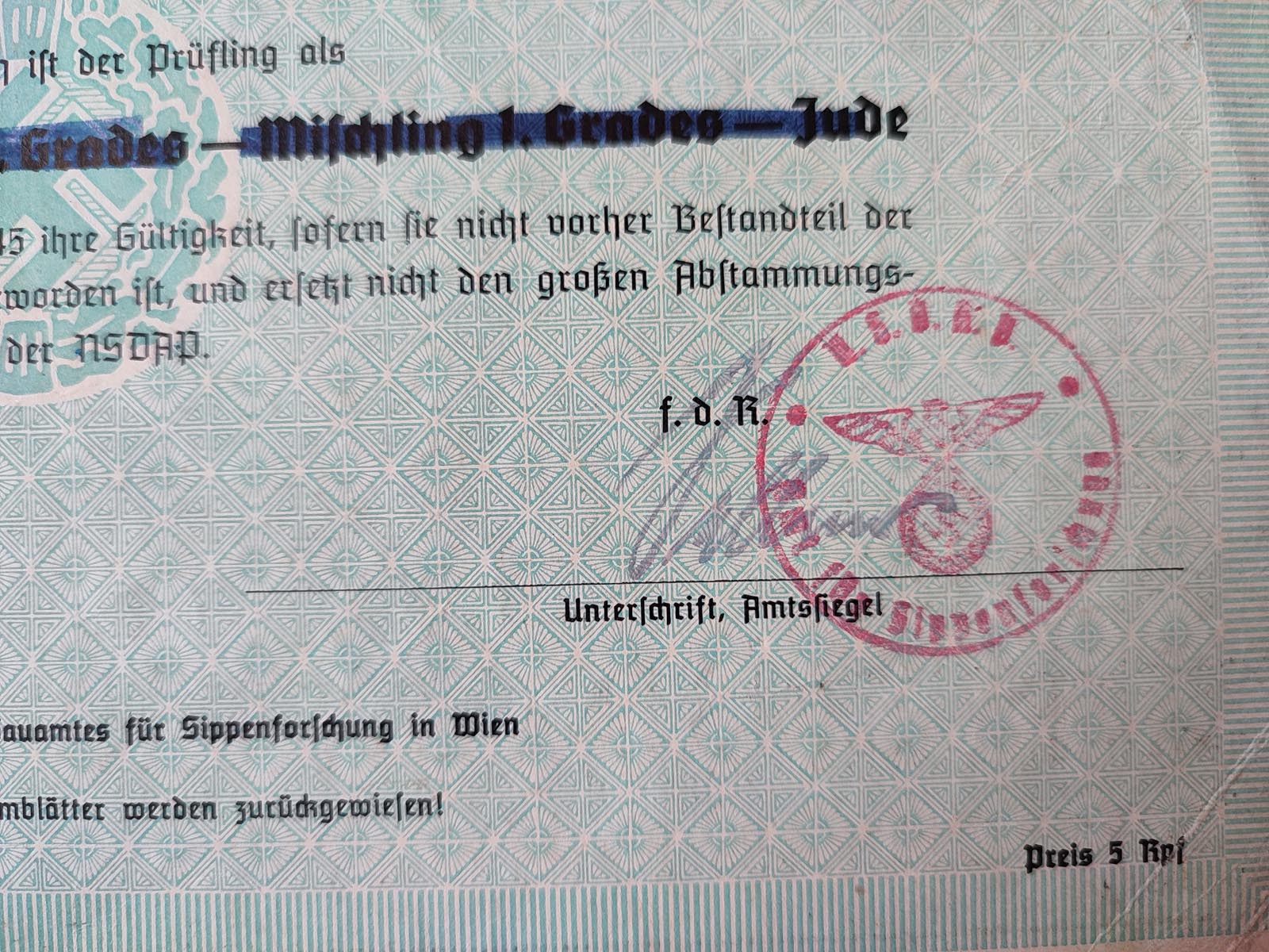 Nazi Germany Aryan certificate from 1943 - Klein Abstammungsnachweis