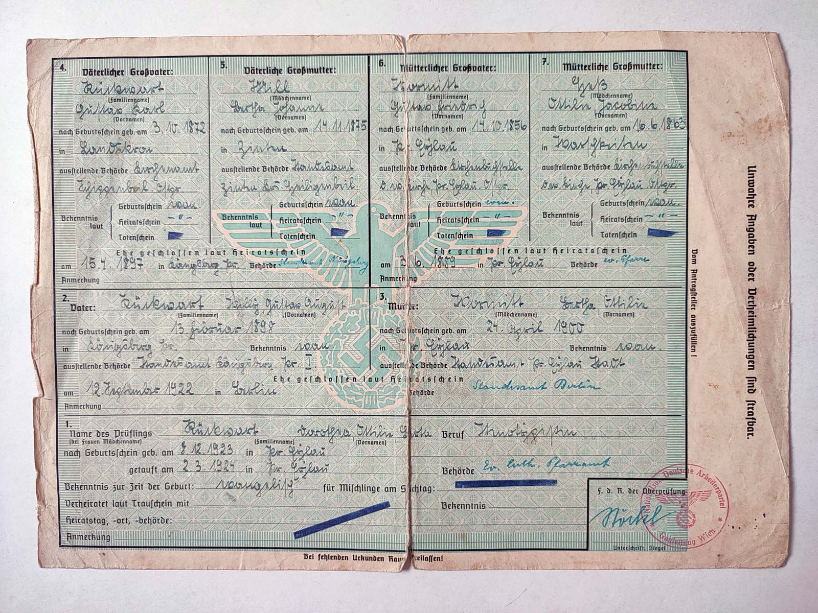 Nazi Germany Aryan certificate from 1943 - Klein Abstammungsnachweis