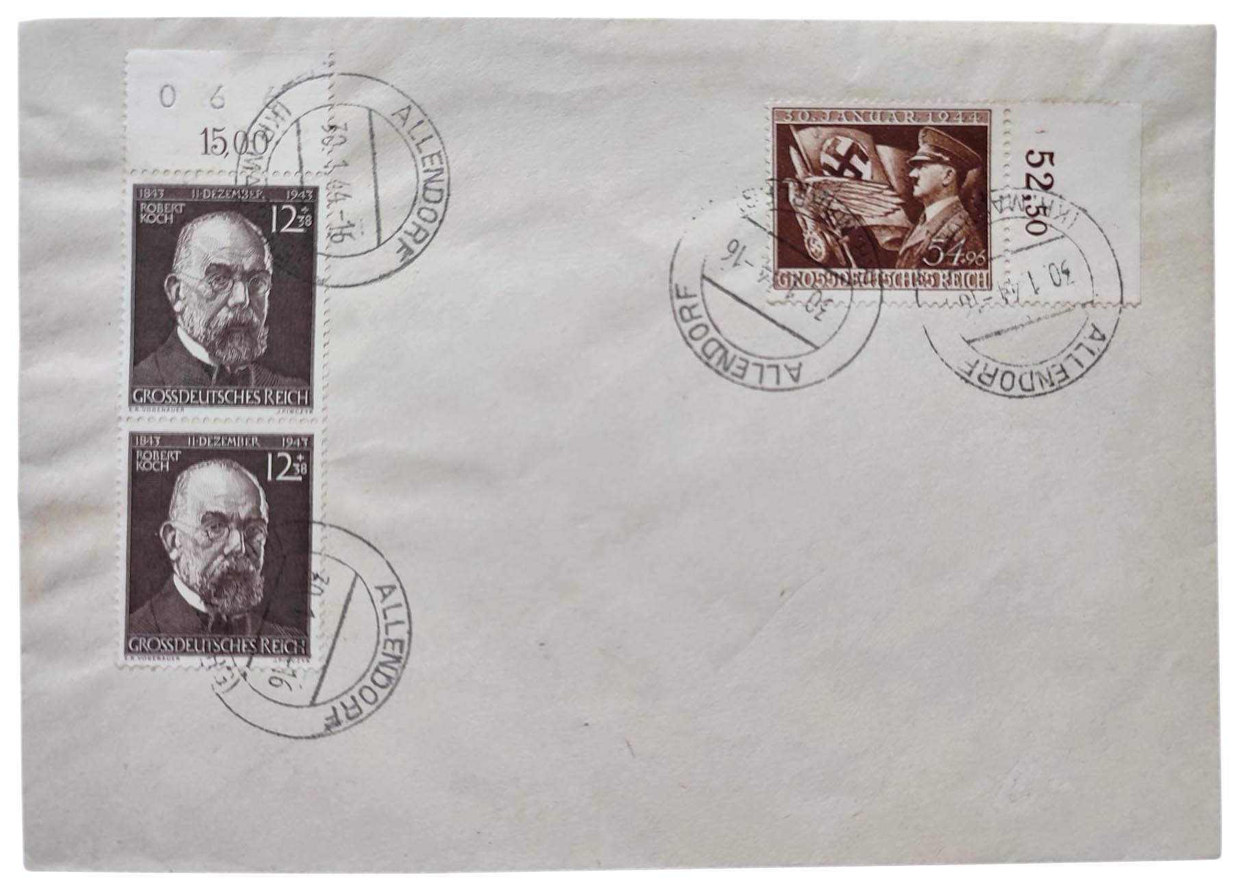 The first day envelope with Hitler and Robert Koch stamps, 1943-1944