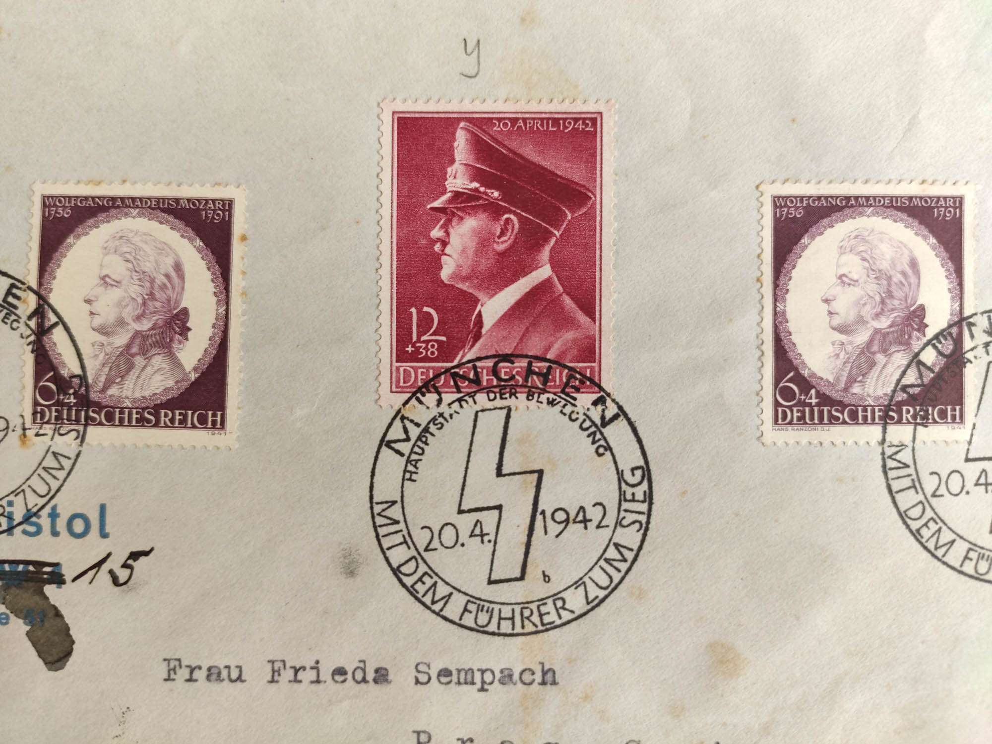 Envelope of the first day with Hitler and Mozart postmarks, 20th of ...