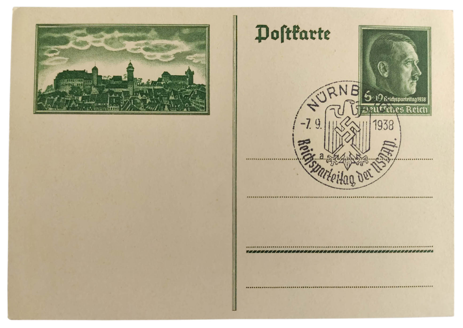 Postcard with the stamp for reich party day of NSDAP in Nürnberg in 1938