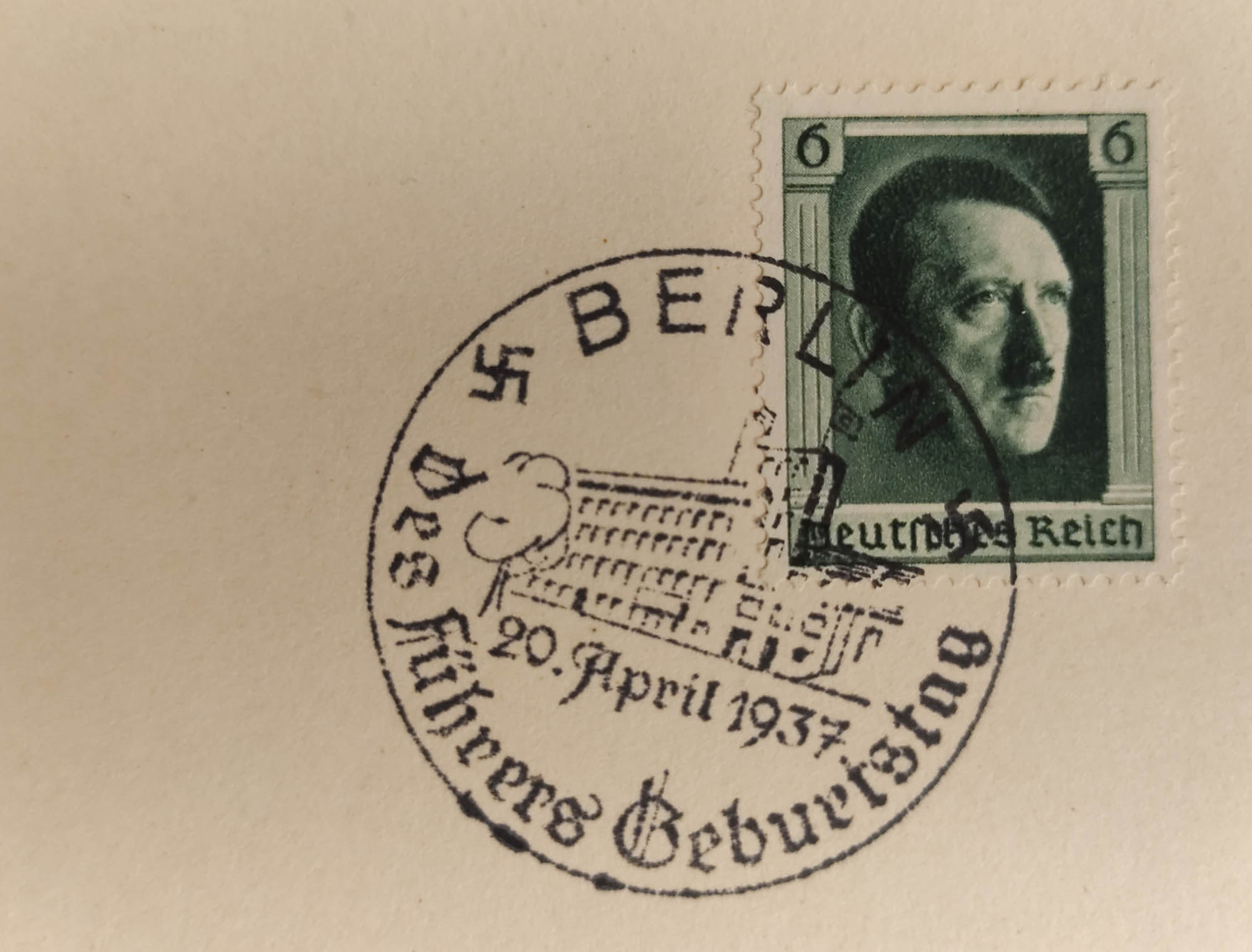 The 1st day postcard dedicated to the Hitler's birthday in 1937