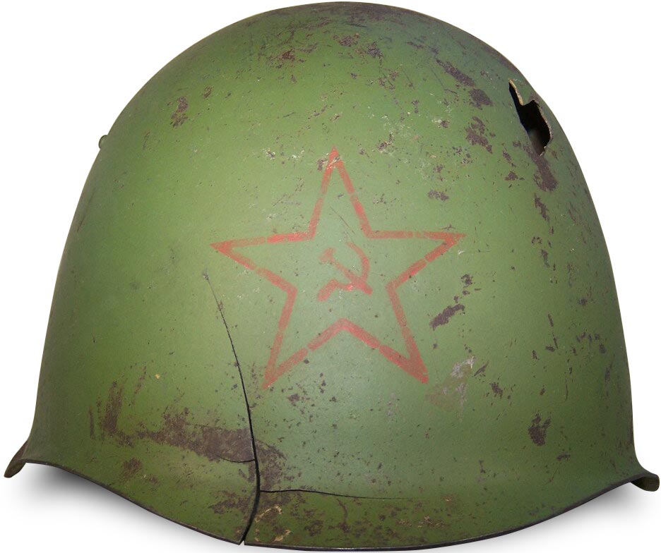 Battle damaged SSch-39 helmet in original paint with Red Star 